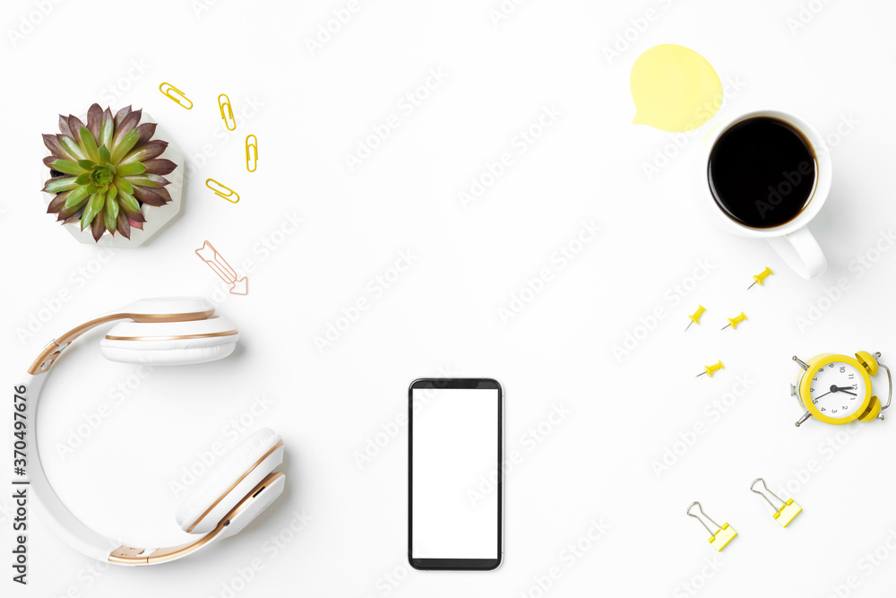 Empty screen smartphone, headset and stationary Empty screen smartphone, headset and stationary