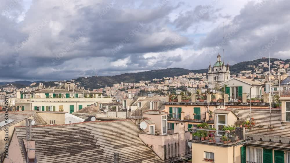 Aerial panoramic view of european city Genoa (Genova) timelapse from above of old historical centre quarter districts, panorama, Liguria, Italy. Old houses and cloudy sky Aerial panoramic view of european city Genoa (Genova) timelapse from above of old historical centre quarter districts, panorama, Liguria, Italy. Old houses and cloudy sky