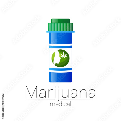 Medical cannabis symbol in vector. Logotype for marijuana, nature herbal medicine, therapy, doctors and store, business. Isolated on white background. Blue and green color. Pill and tablet health care