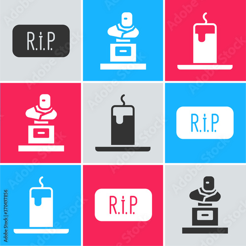 Set Speech bubble rip death, Grave with tombstone and Burning candle icon. Vector.