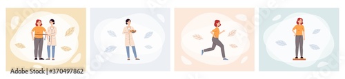 Sport nutritionist banner set - female nutrition doctor helping cartoon woman