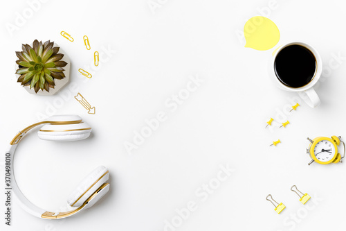 Top view stationery arrangement with headset mockup