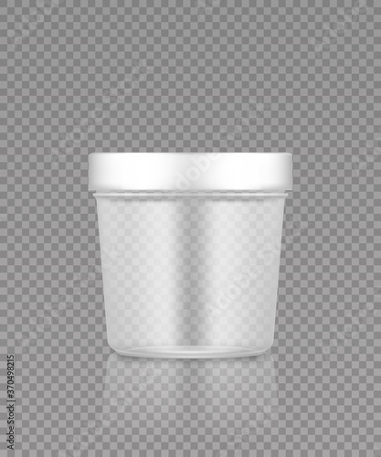 Empty transparent plastic bucket mockup for ice cream, butter or yogurt. Package design for branding. Blank food, medical, beauty product container template. 3d realistic vector illustration