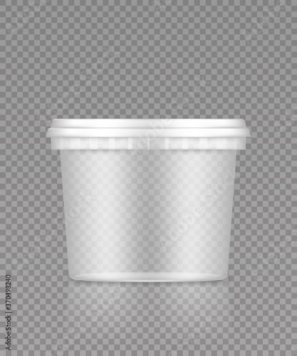 Empty transparent bucket with cap mockupfor ice cream, yoghurt, mayo, paint, or putty. Plastic package design. Blank food or decor product container template. 3d vector illustration