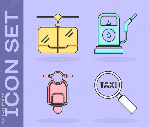 Set Magnifying glass and taxi car, Cable car, Scooter and Petrol or Gas station icon. Vector.