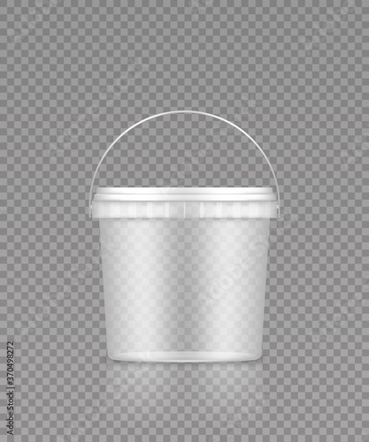 Empty transparent bucket with handle mockup for ice cream, yoghurt, mayo, paint, or putty. Plastic package design. Blank food or decor product container template. 3d vector illustration