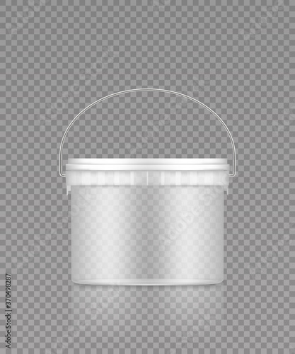 Empty transparent bucket with metal handle mockup for ice cream, yoghurt, mayo, paint, or putty . Plastic package design. Blank food or decor product container template. 3d vector illustration