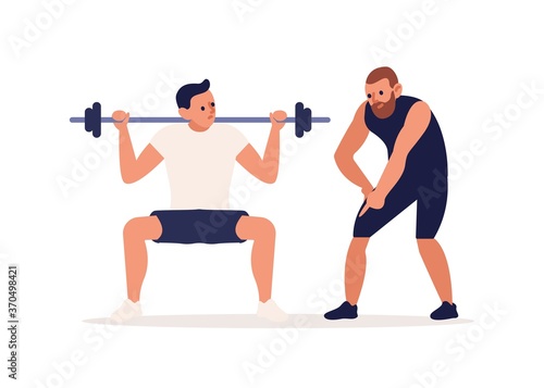 Coach training male client making squat with barbell vector flat illustration. Athletic personal trainer and man performing physical exercise at gym isolated on white. Muscle pumping or bodybuilding