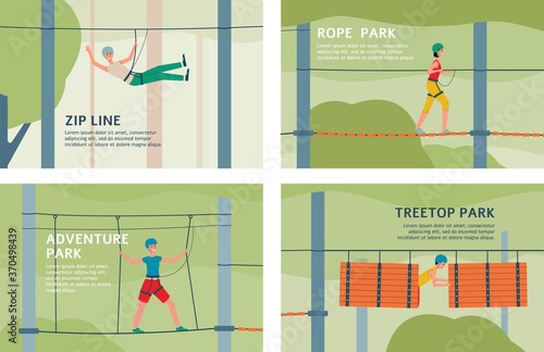Treetop adventure rope park and zip line - flat banner set