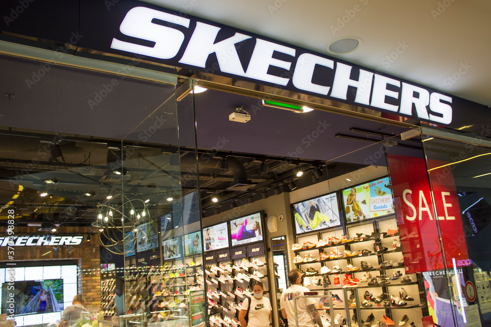 Kiyv, Ukraine - August 9, 2020: Sign of Skechers on the shop at Shopping Skechers is
