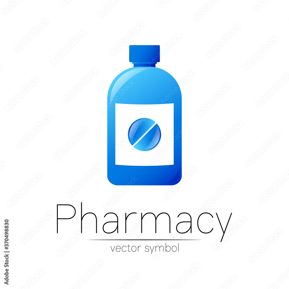 Pharmacy vector symbol with blue bottle and pill tablet for pharmacist, pharma store, doctor and medicine. Modern design vector logo on white background. Pharmaceutical icon logotype . Human Health Pharmacy vector symbol with blue bottle and pill tablet for pharmacist, pharma store, doctor and medicine. Modern design vector logo on white background. Pharmaceutical icon logotype . Human Health