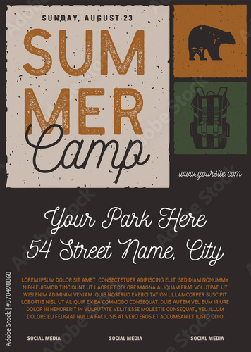 Summer camp flyer A4 format. Camping Adventure poster graphic design with bear, backpack and text. Stock vector retro card