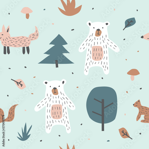 Childish seamless pattern with cute bear fox and squirrel. Creative texture for fabric, textile
