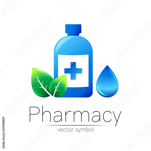 Pharmacy vector symbol with blue bottle and cross, green leaf and drop for pharmacist, pharma store, doctor and medicine. Modern design vector logo on white background. Pharmaceutical icon logotype