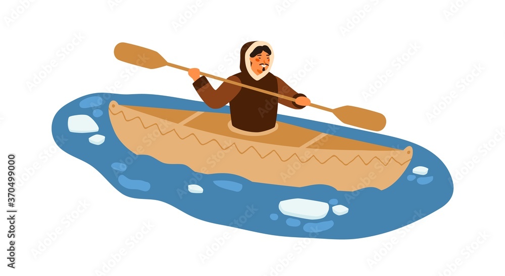 Male Eskimo in traditional warm clothes floating on kayak with paddle vector flat illustration. Ethnic guy on boat at northern sea with ice pieces isolated on white. Native polar man in vessel