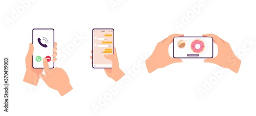 Hands holding mobile phone with app interface - isolated set