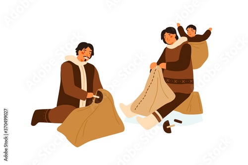 Traditional Eskimo family during animal skin treatment after hunting vector flat illustration. Man and woman sewing national clothes together isolated on white. Manual creating of warm clothing