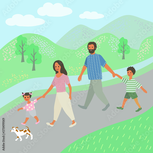 Family with kids and dog walking outdoor.Veator illustration in flat cartoon style