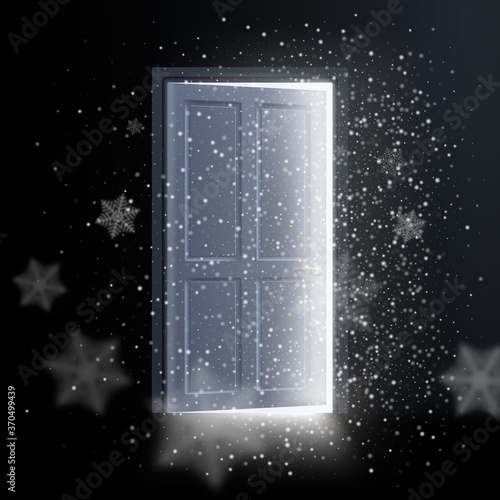 A half-open door in the winter season. Flying snow and snowflakes. Welcome to winter. Vector illustration.