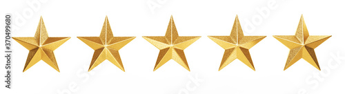 3D illustration of golden colored Christmas ornament Star shapes isolated on white background. New year concept