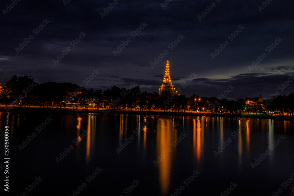 Colorful light blue evening. Wat Phra That Kaen Nakorn or Wat Nong Wang. It is a beautiful temple in Khon Kaen. It is attractive to tourists to visit the beauty. In the Northeast of Thailand.