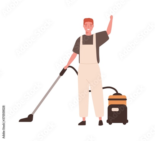 Young cheerful man in office cleaning service, janitor uniform vacuuming. Guy hoover up floor with vacuum cleaner. Housekeeping staff. Flat vector cartoon illustration isolated on white background