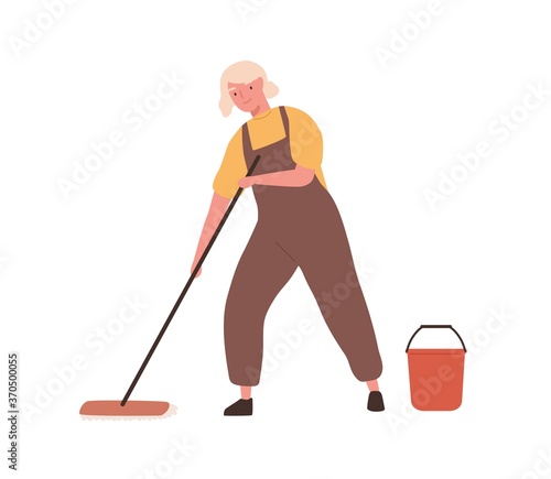 Cheerful elderly woman with mop and bucket, in office cleaning service, janitor uniform washing floor. Professional housework. Flat vector cartoon illustration isolated on white background