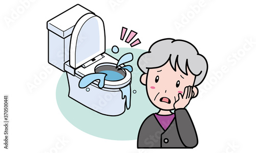 洋式トイレの水があふれて困っているおばあさん