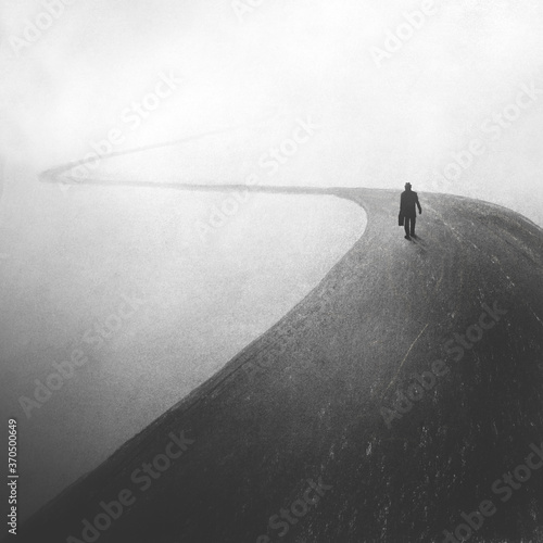 Fotografie illustration of mysterious man walking in a dark foggy street, solitude concept