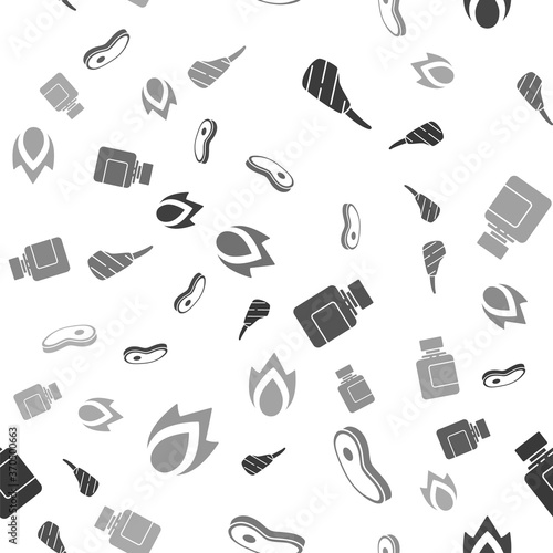Set Rib eye steak, Steak meat, Sauce bottle and Fire flame on seamless pattern. Vector.