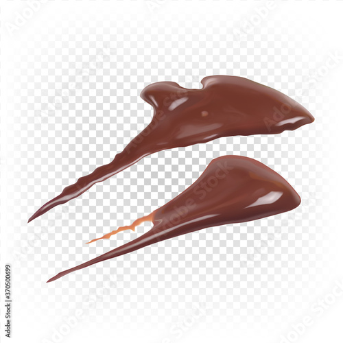 Smeared blot of liquid chocolate in perspective view isolated on white background. Dirty stain, chocolate dessert, ganache, sauce. Vector 3d illustration.
