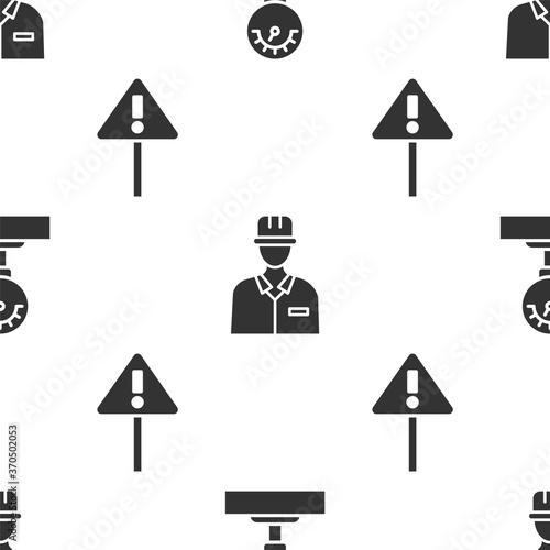 Set Gauge scale, Oilman and Exclamation mark in triangle on seamless pattern. Vector.