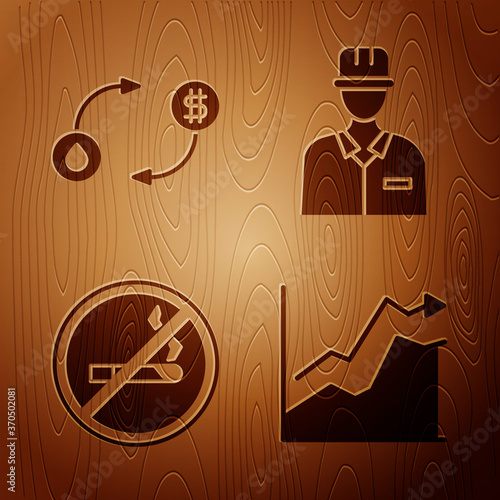 Set Oil price increase, Oil exchange, No Smoking and Oilman on wooden background. Vector.