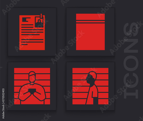 Set Suspect criminal, Lawsuit paper, Plastic bag with ziplock and Suspect criminal icon. Vector.