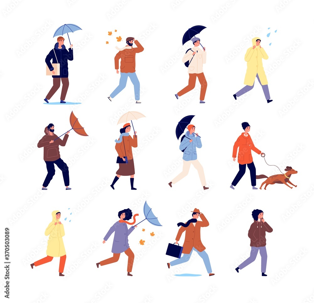 Autumn walking people. Stylish characters, casual persons with umbrella. Outdoor activity, rainy weather walk. Isolated urban man vector set. Character with umbrella walk outdoor illustration