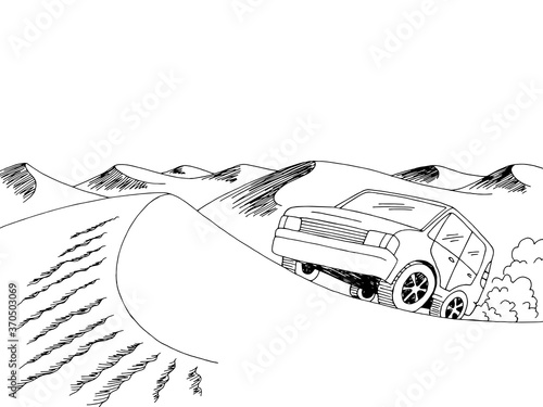 Desert car travel graphic black white landscape sketch illustration vector
