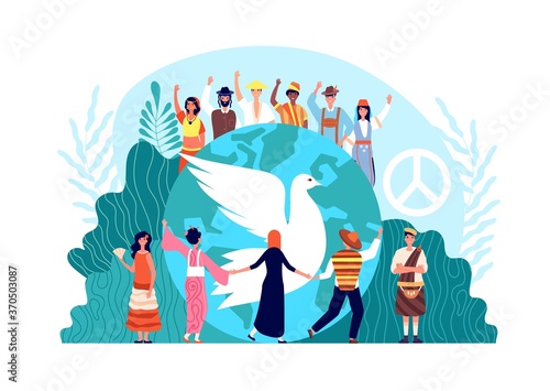 Peace international day. World global harmony, unity and religion. Hope or love symbol, dove and diverse people together vector concept. Hope international unity, world love freedom illustration