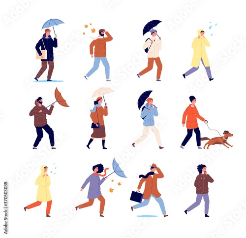 Autumn walking people. Stylish characters  casual persons with umbrella. Outdoor activity  rainy weather walk. Isolated urban man vector set. Character with umbrella walk outdoor illustration