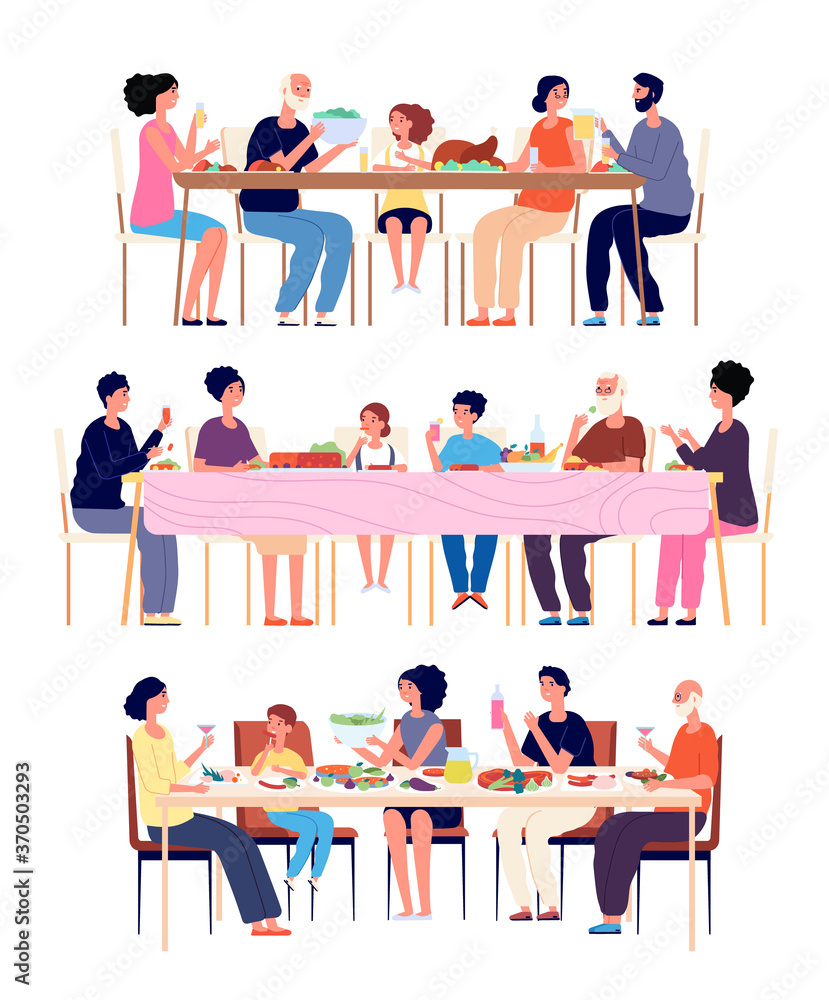Festive family dinner. Adults eat, holiday dining parents. Eating and drinking. Home lunch, generations traditions vector concept. Woman and man eating at table with grandmother and kids illustration