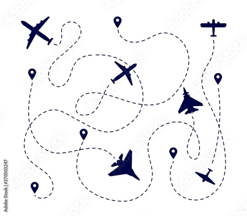 Plane paths. Aircraft way, dotted path or road. Airplane fly route. Travel transportation pathway with destination pin vector illustration. Flight path transport, way track aircraft, airplane