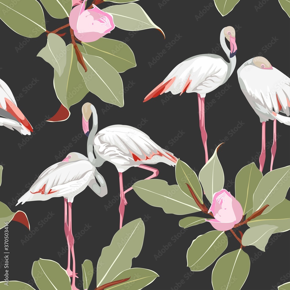 Obraz premium Seamless pattern with white flamingos and pink green magnolia flowers branch with leaves. Simple design for fabric. Light pattern. Black background.