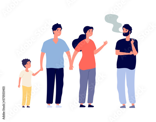 Passive smokers. Guy smoking in public place. Family with children and man with drug or nicotine addiction. Bad habit vector illustration. Smoke addiction character, person man smoking