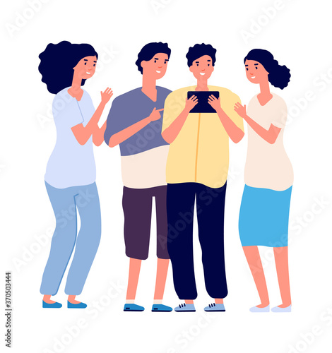 Teenagers and tablet. Internet addiction, online communication, education or conference. Friends together. Isolated happy boys girls gadget vector illustration. Tablet online education or addiction