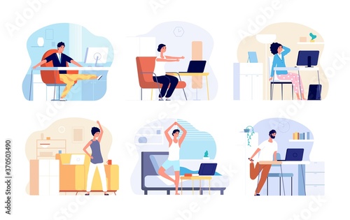 Office syndrome. Stretching exercise, neck back shoulder stretch. Sitting work from home, fitness workout for freelancer vector illustration. Office body syndrome, business stretching for health