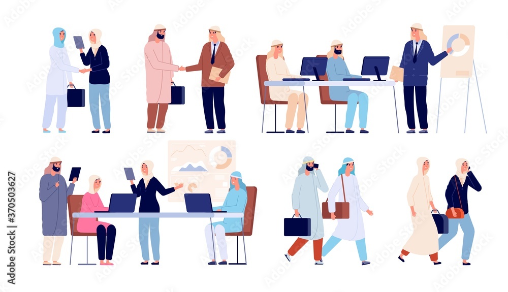 Arab business people. Saudi man meeting partner, office formal handshake. Muslim woman on job, flat islamic work team vector illustration. Saudi arab meeting, businessman partnership