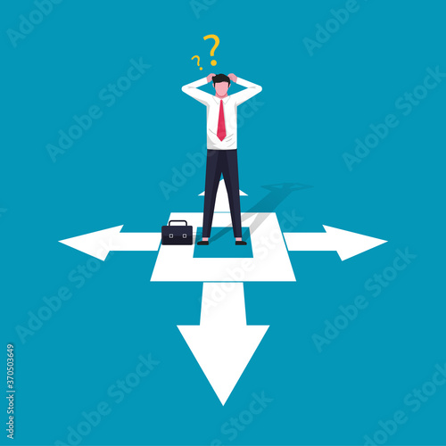 Businessman character illustration confused making decision in business with direction arrow sign. Choices, career growth, confused mind concept. Path to success