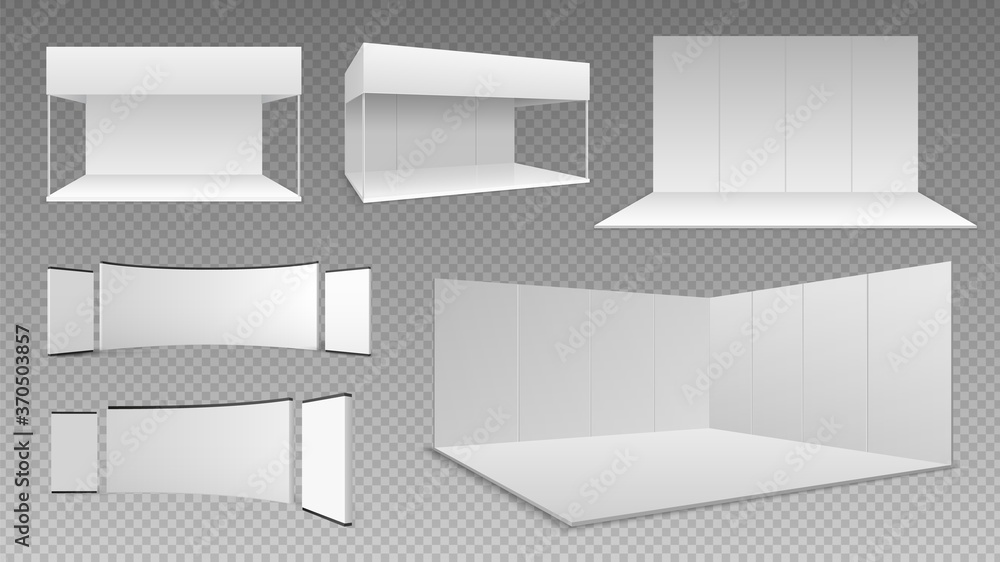 Expo stands mockup. Event showroom design, isolated 3D exhibition panels. Empty realistic wall and floor, white booth display illustration. Business trade equipment vector set, panel exhibition - obrazy, fototapety, plakaty 