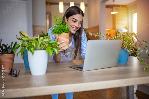 Modern Young Woman Watching Gardening Tutorials. Waist up portrait of modern young woman wearing apron potting dracaena while caring for houseplants indoors  copy space
