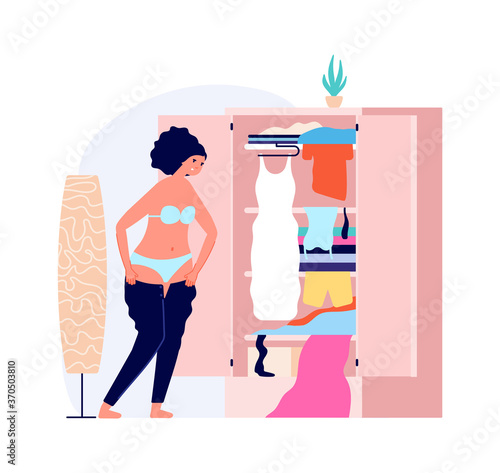 Girl getting dressed. Morning time, young woman wearing to work or go walk. Fat problems, overweight vector illustration. Clothes dressed, woman fashion and cheerful
