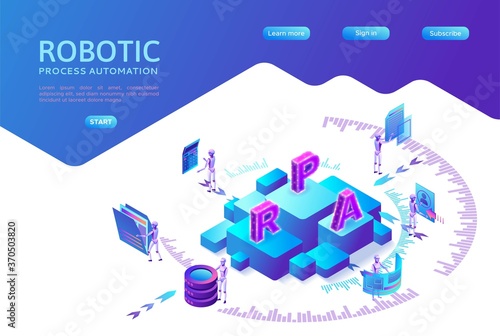 Robotic process automation landing page template with robots working with data, arms moving files, extracting information from websites, digital technology service, 3d isometric vector illustration